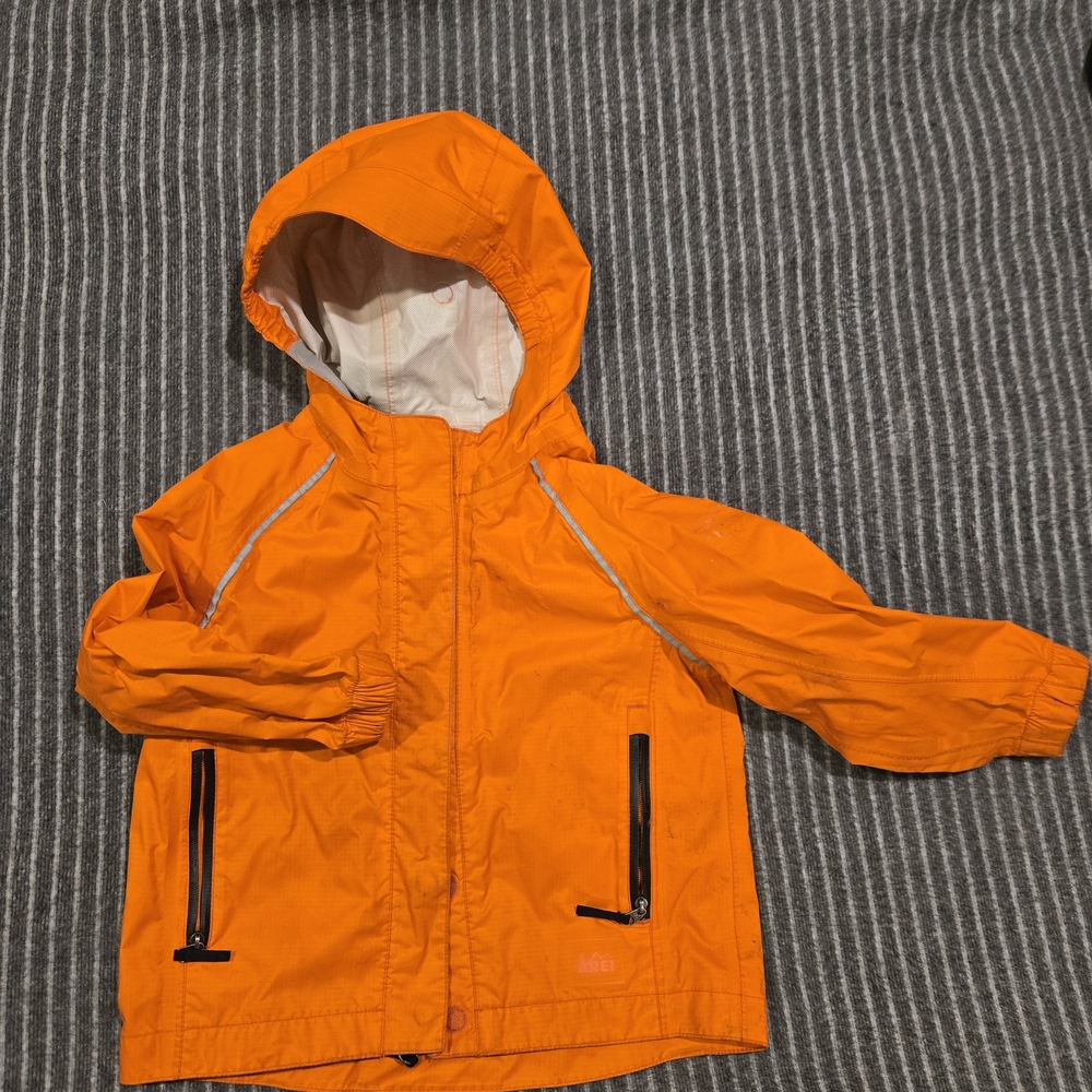 REI Bright Orange Kids Hooded Raincoat with Reflective Accents